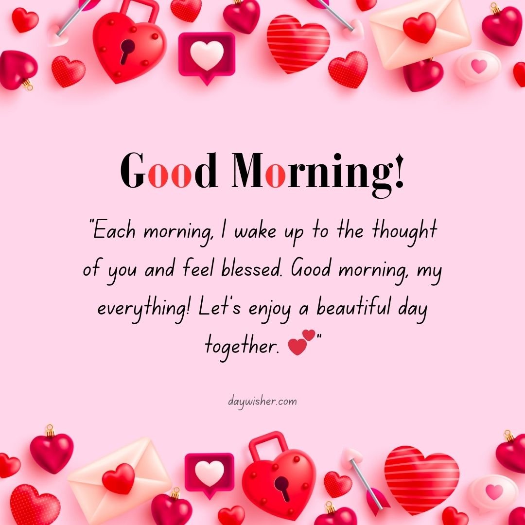 A pink-themed image with various heart emojis and decorative elements, featuring a message that says "Good Morning Texts!" followed by a romantic note and the website "textwishes.com".