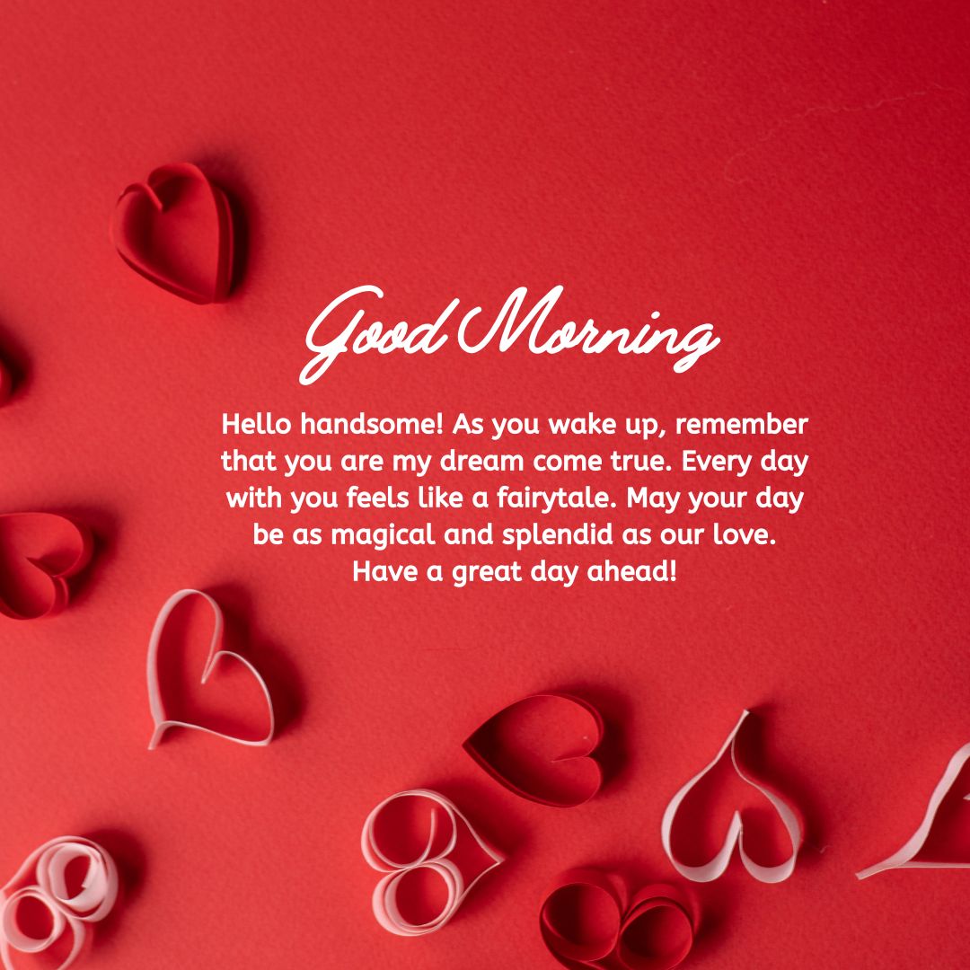 A greeting card with a "Good Morning Paragraphs for Him" message in white cursive on a red background, embellished with various paper-crafted hearts and elegant swirls, conveying a love-filled