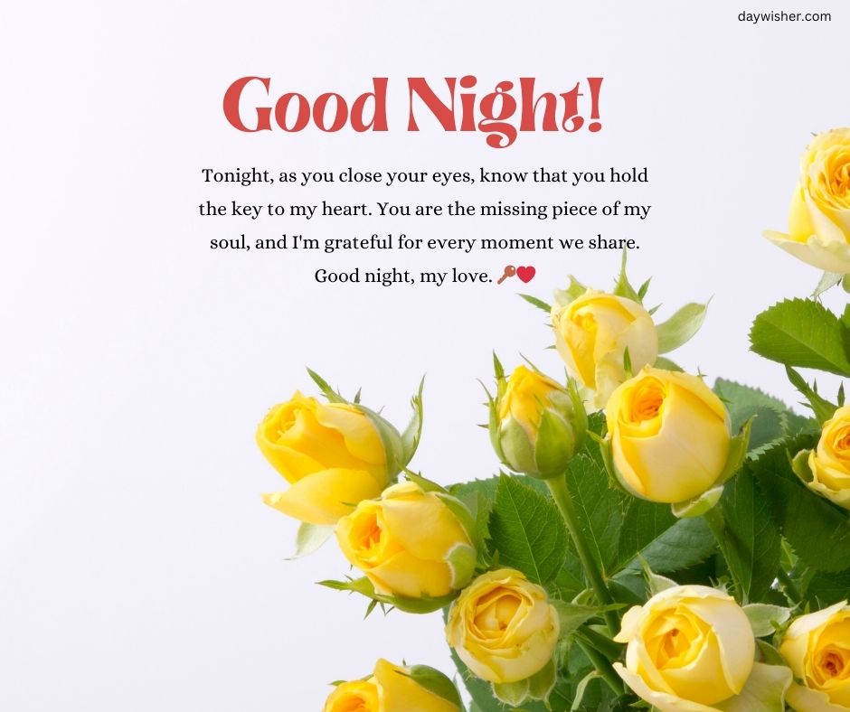 A heartfelt "good night" message for your girlfriend on a white background with yellow roses on the left side, expressing love and gratitude.