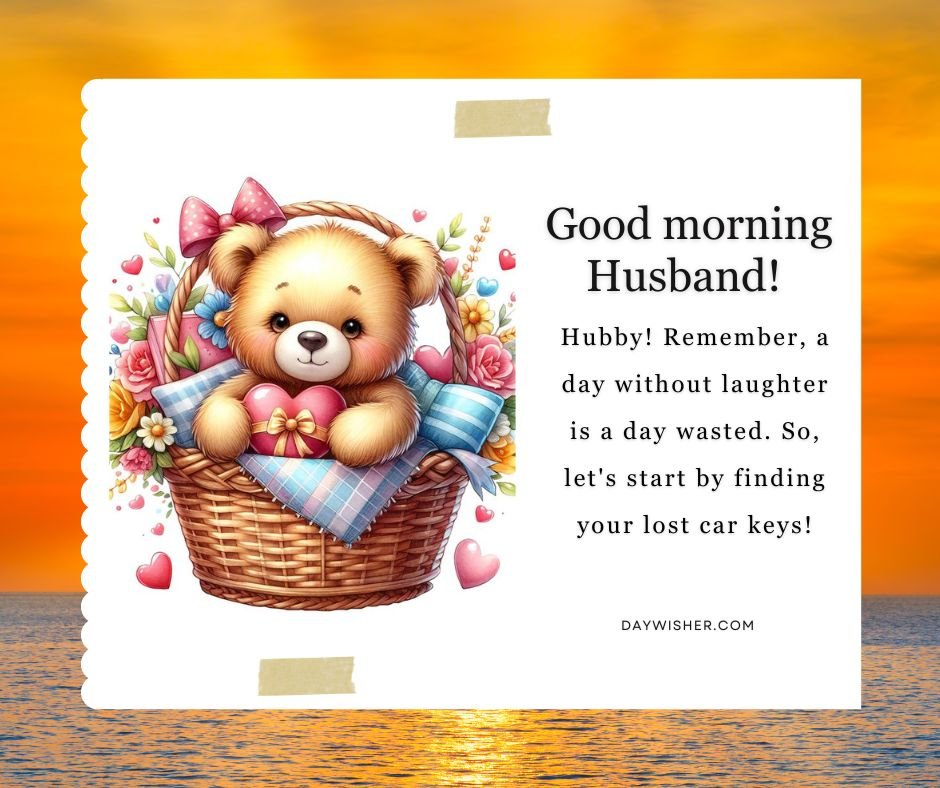An illustrated greeting card featuring a cute teddy bear in a basket, surrounded by flowers against a sunrise over the ocean, with a good morning message for your husband saying "Good morning, handsome! Time