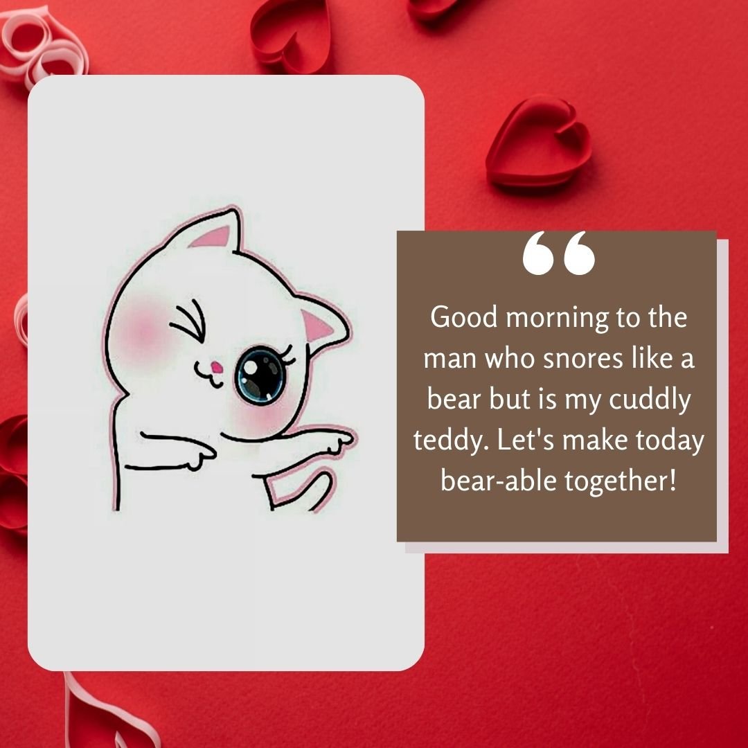 An illustrated image of a cute, blushing pink cat waving, set against a white card background with a caption about snoring like a bear and making the day bear-able, surrounded by red rib