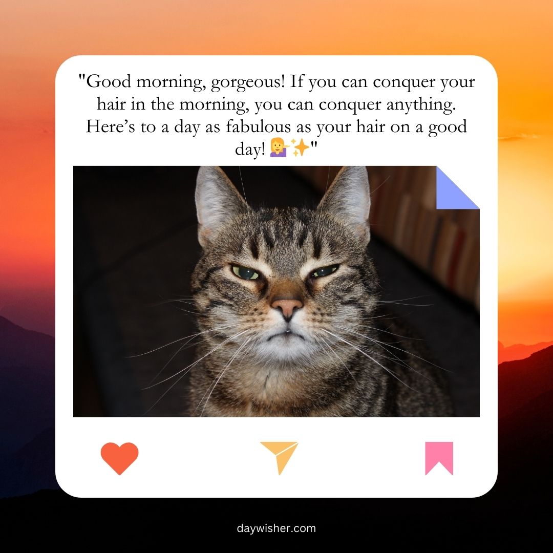 A tabby cat with striking facial markings and slightly squinted eyes looks directly at the camera. The image includes a funny good morning message about conquering the day, framed in a stylish template with