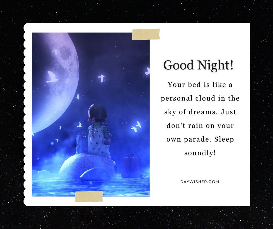 A child in pajamas sitting on a cloud under a large moon, surrounded by stars. The text on the image displays funny good night messages. The background is deep blue with a cosmic feel.
