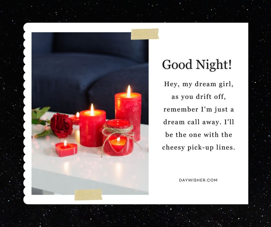 A romantic image of a postcard with the text "funny good night messages" displayed alongside three lit red candles, a red rose, and some twine on a dark surface, setting a dream
