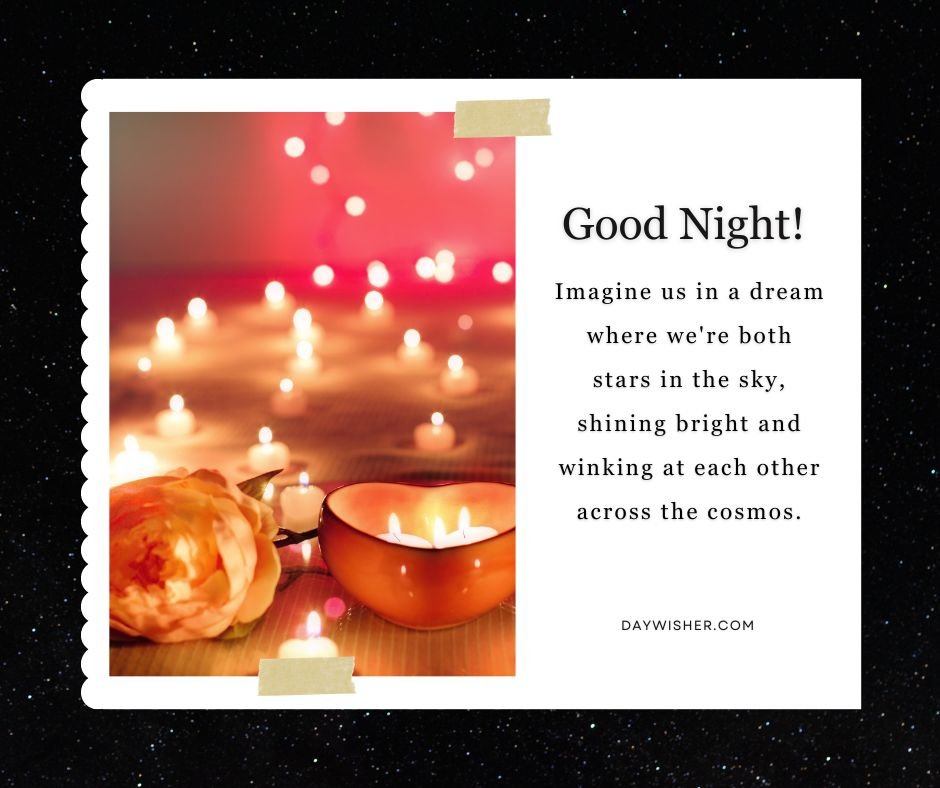 A serene nighttime scene with a postcard that reads "funny good night messages!" surrounded by lit candles and a soft-focus flower in the foreground, set against a backdrop of glowing red lights.