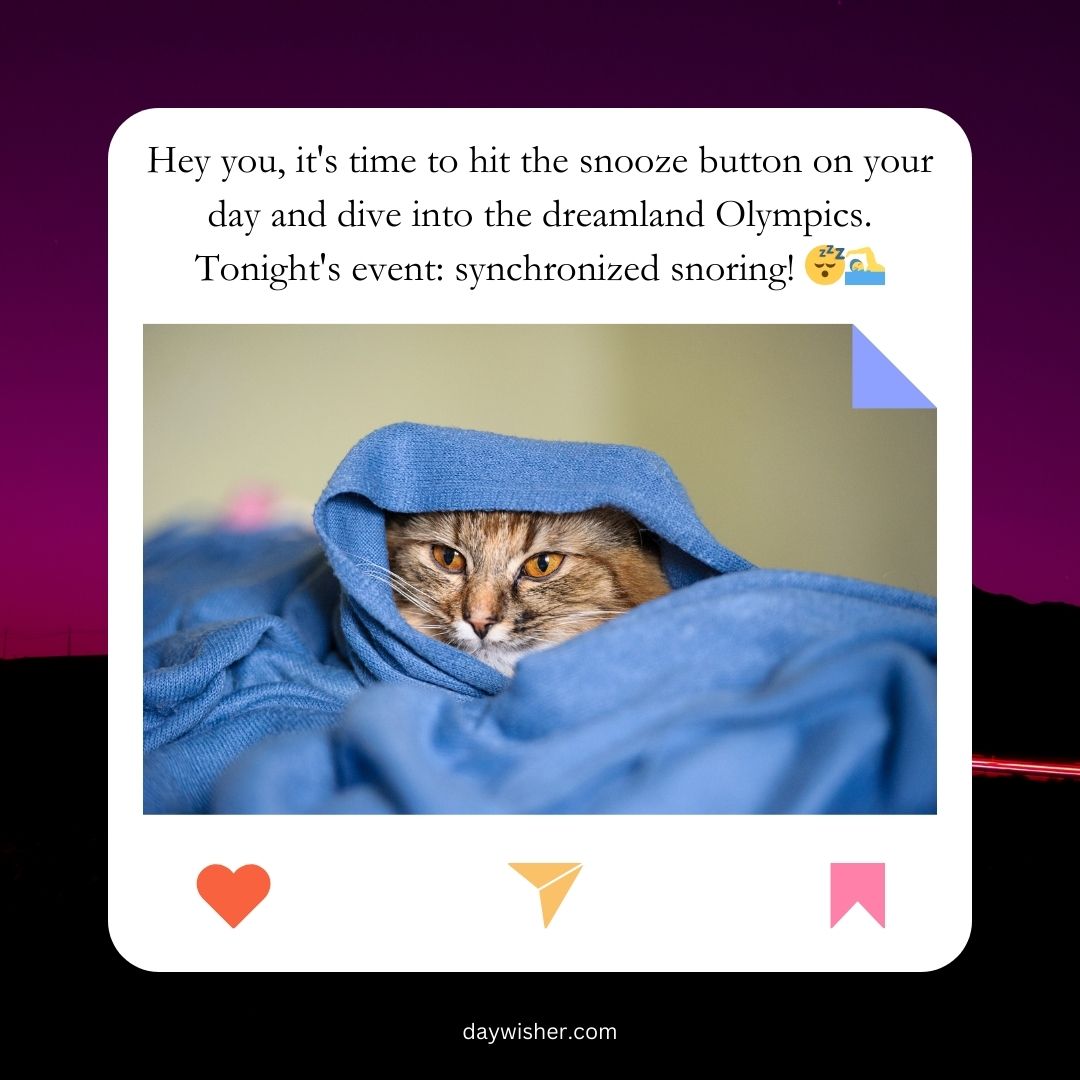 A ginger cat peeking out from under a blue blanket with a playful and sleepy expression, featured on a social media post about "synchronized snoring" as a good night message for your girlfriend.