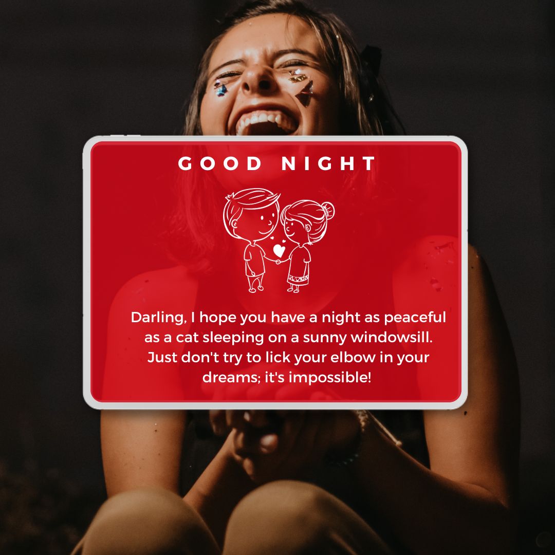 A joyful woman holding a red sign with heartfelt Good Night Messages For Girlfriend, surrounded by a dimly lit, warm ambiance.