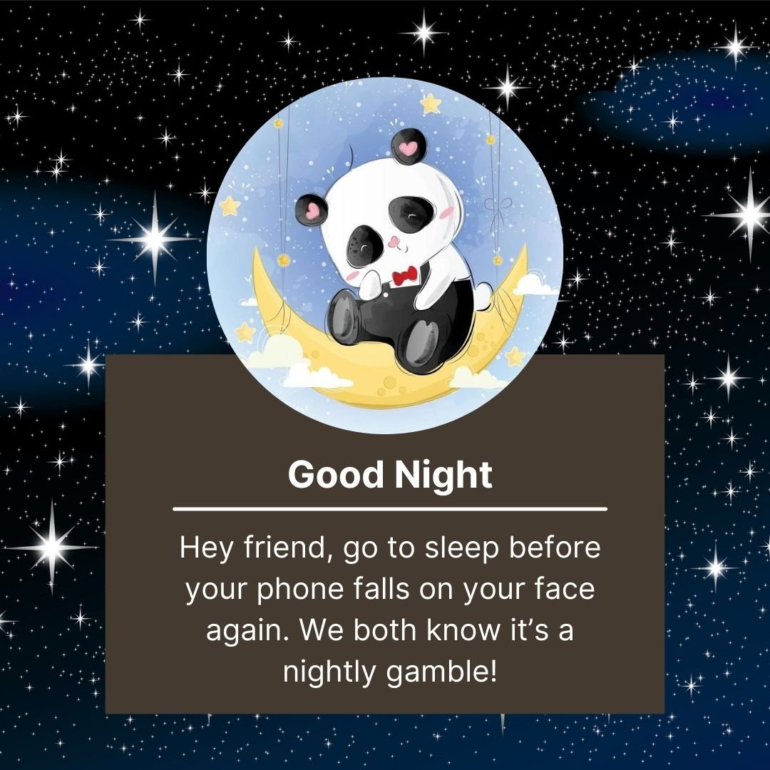 Illustration of a cute panda lying on a crescent moon, with a nighttime starry background and a funny good night message, playfully reminding about sleeping without dropping the phone.