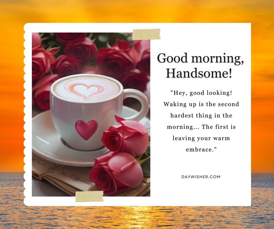 A romantic morning-themed graphic featuring a cup of coffee with a heart-shaped foam design, surrounded by red roses and an open book, set against a vibrant orange sky background with the text "Good Morning Messages