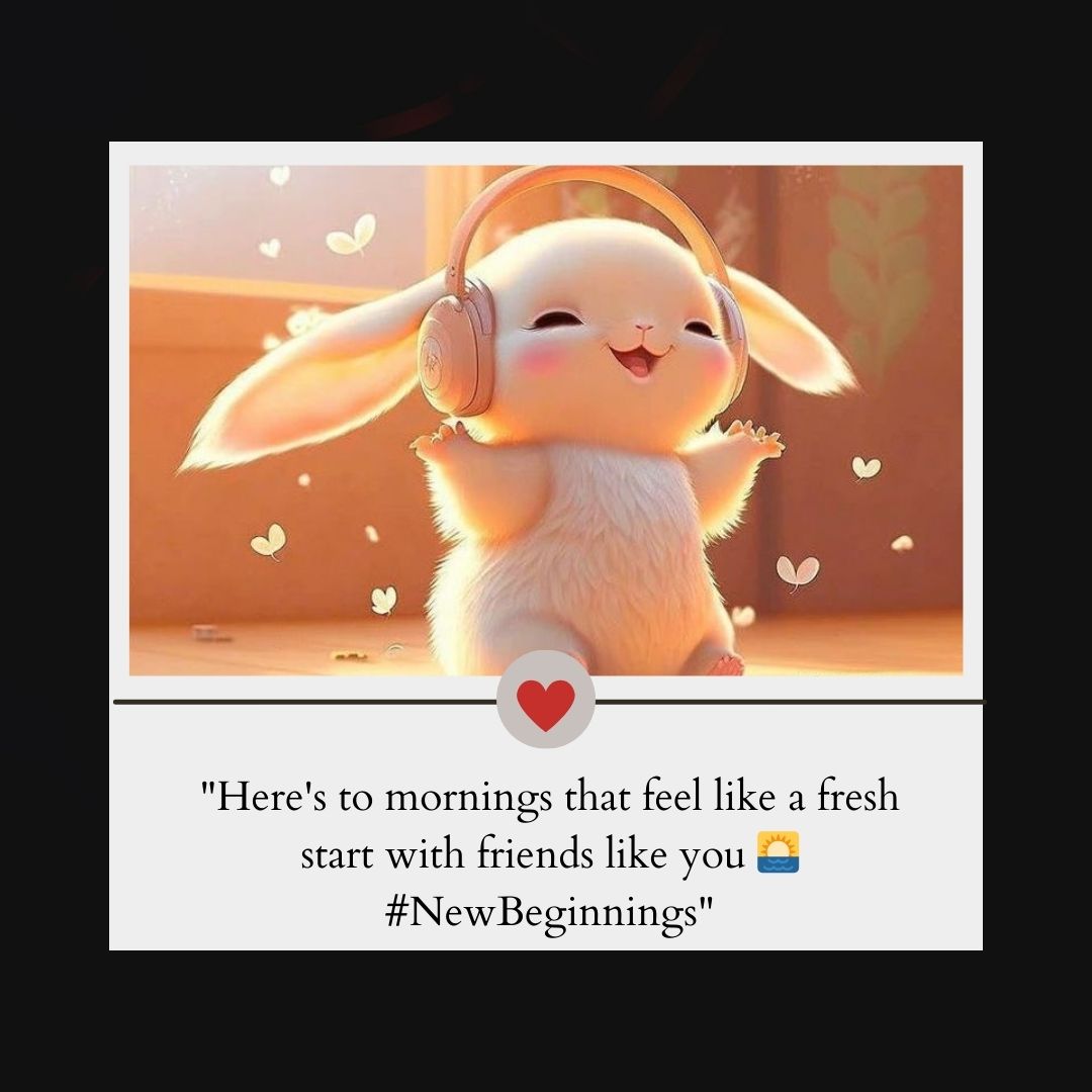 A joyful cartoon rabbit with headphones standing in a sunlit room, surrounded by floating hearts, symbolizing happiness and friendship. Good morning messages for friends express positivity about new beginnings.