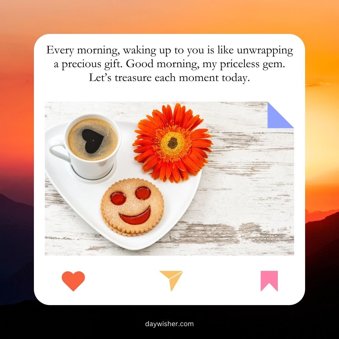 A cheerful greeting card with a morning coffee, a smiling cookie, and an orange flower on a tray, set on a wooden surface. The card includes an affectionate good morning message for your husband.