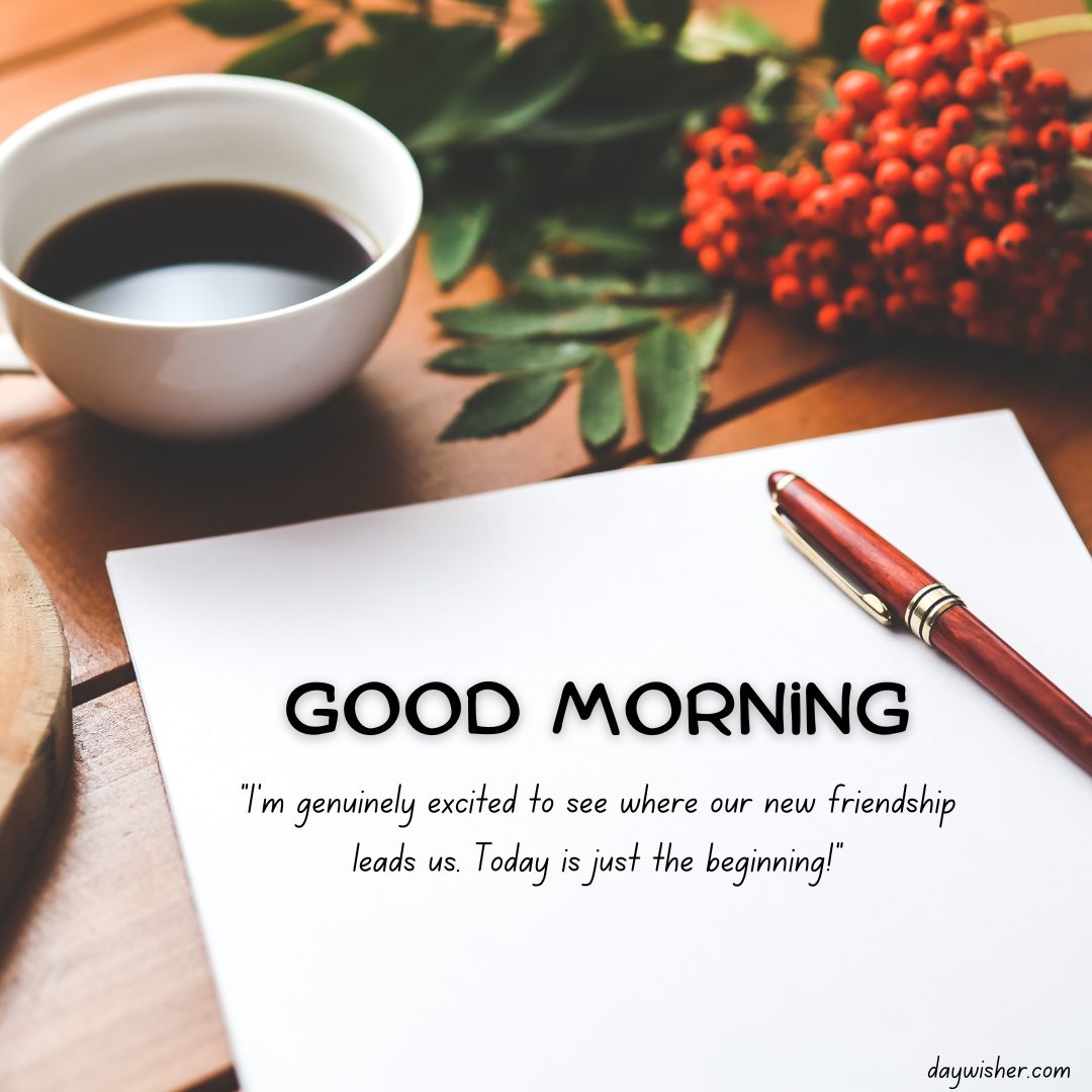 A cozy morning setup on a wooden table featuring a cup of coffee, a handwritten Good Morning Message For Friends that reads "good morning, I’m genuinely excited to see where our new friendship leads