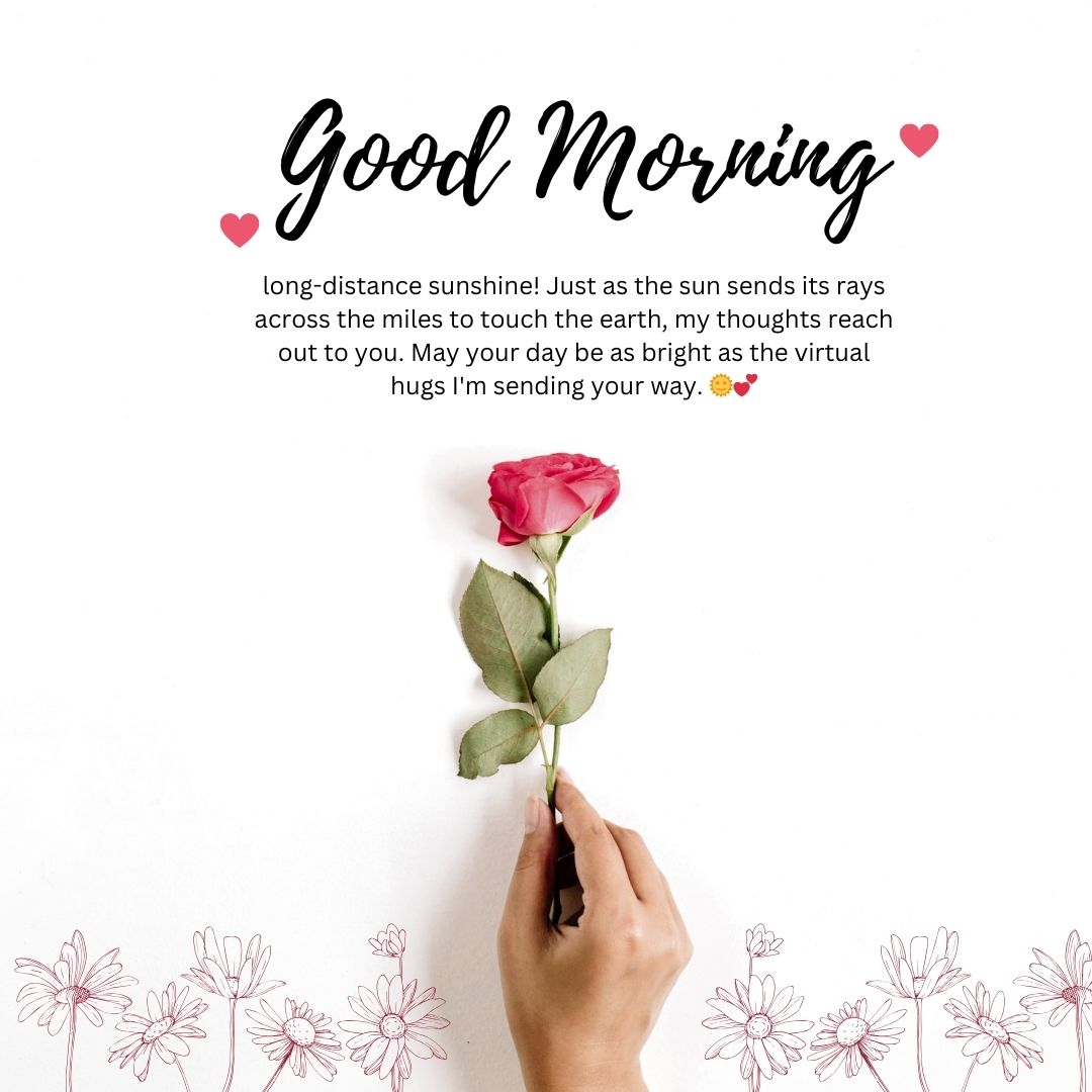 A person's hand holding a single red rose over a white background with pink floral illustrations and text reading "Good Morning Messages for Her" surrounded by small hearts.