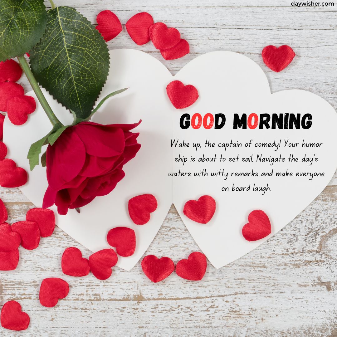 A cheerful "good morning" greeting card designed for her, featuring a red rose, green leaves, and multiple heart cutouts scattered on a wooden background, conveying a motivational message.