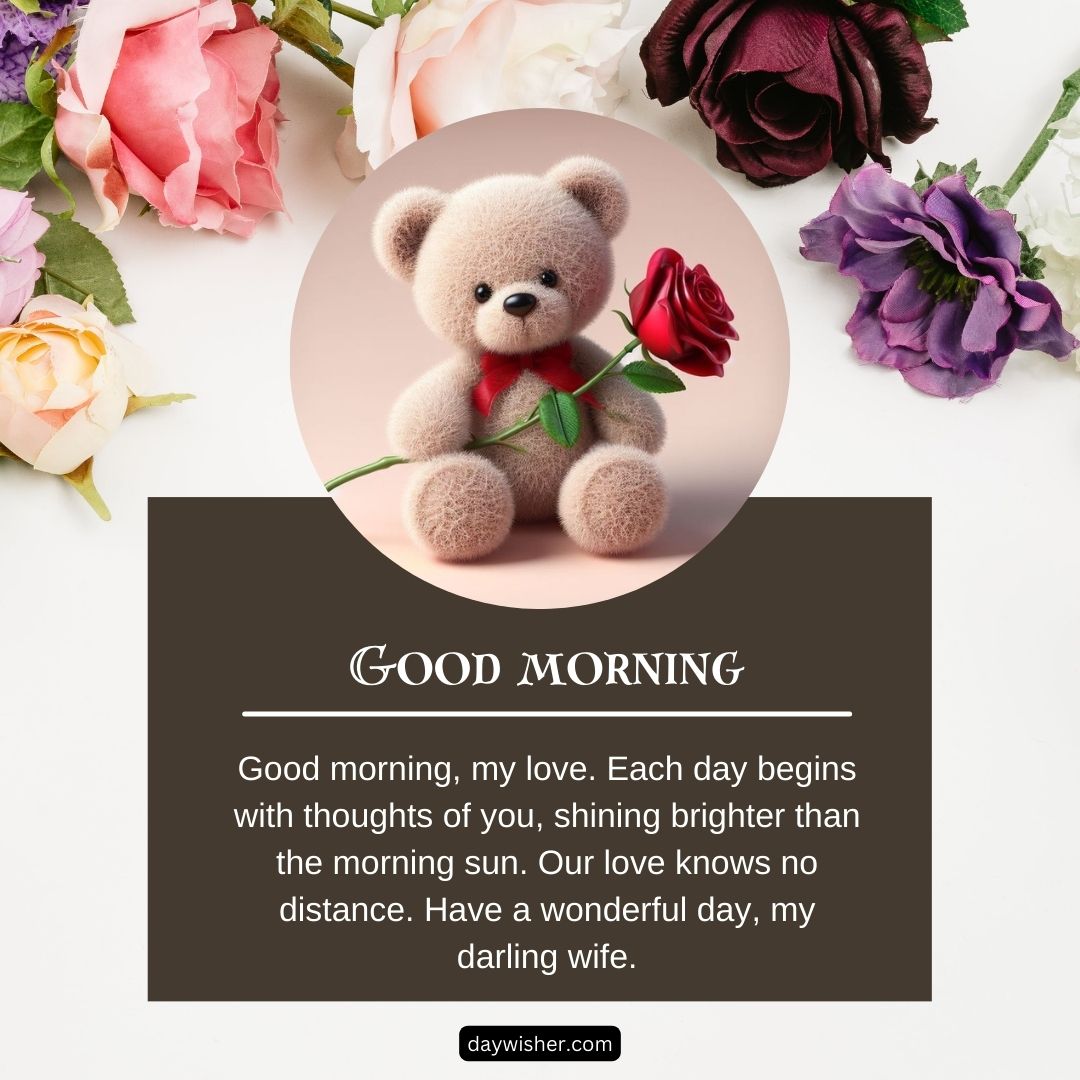 A greeting card with a plush teddy bear holding a rose, surrounded by vibrant roses against a soft background with the text "Good Morning Messages For Her Long Distance" and a loving message.