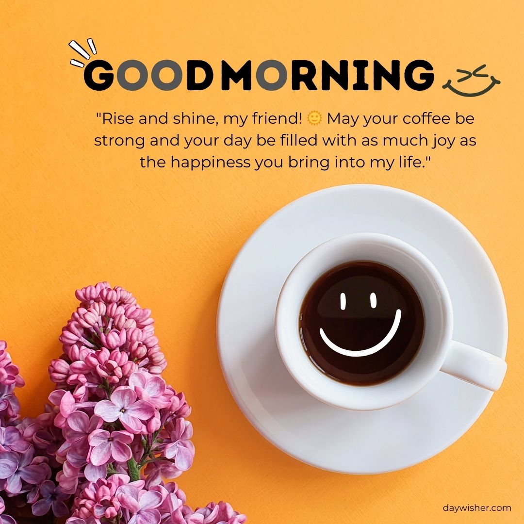 A cheerful morning graphic with "Good Morning Messages For Friends" text and a quote, featuring a smiling coffee cup on a saucer next to purple flowers on an orange background.