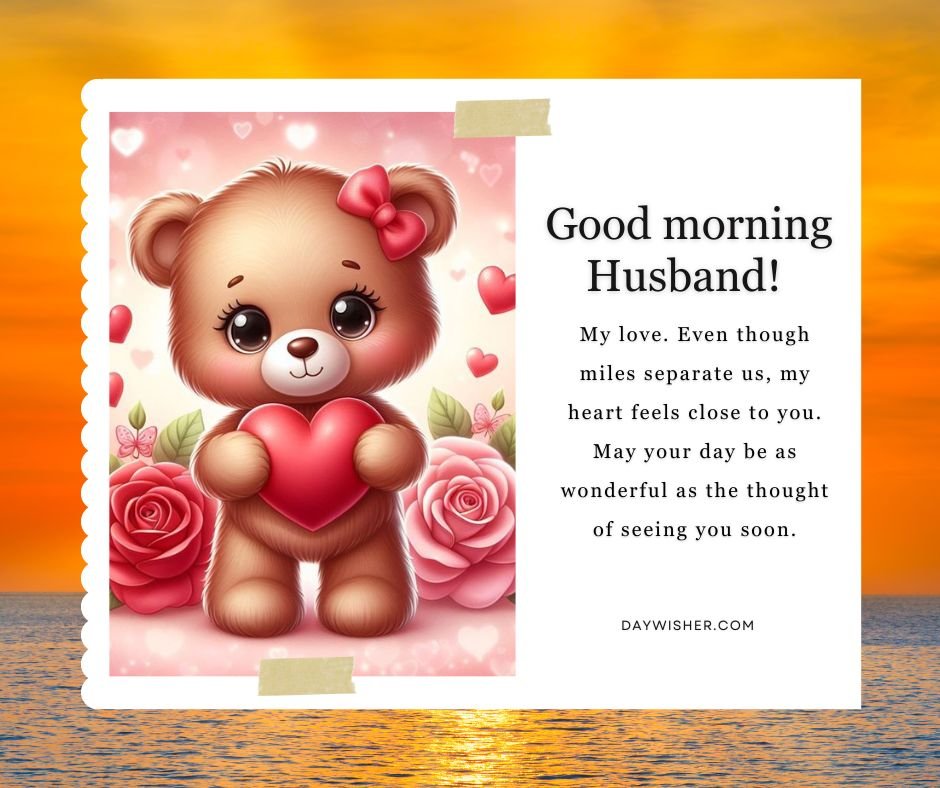 An illustrated greeting card featuring a cute teddy bear holding a heart, surrounded by roses, with a sunset ocean backdrop and a message "Good Morning Messages for Husband" expressing love and anticipation of a future