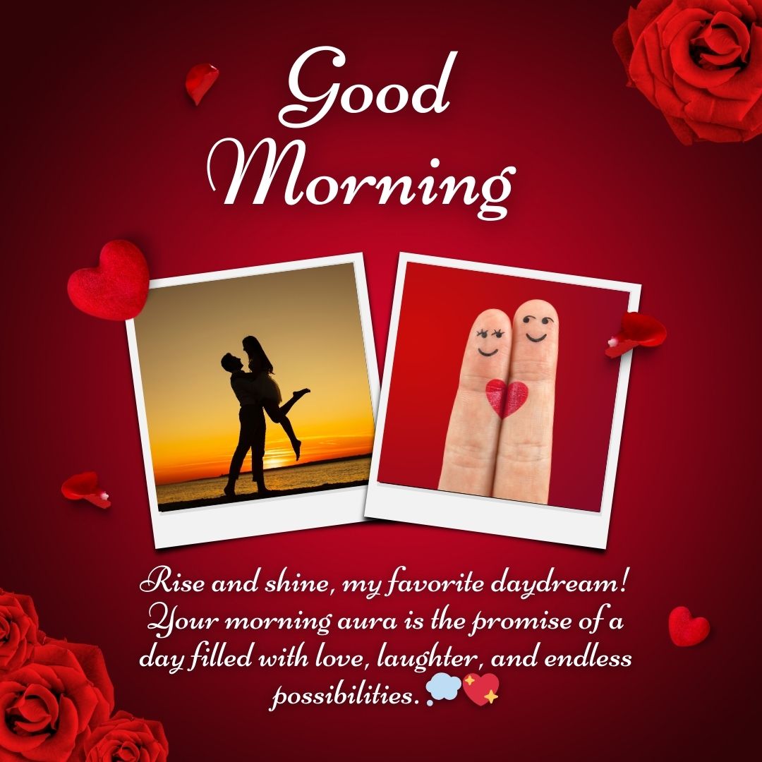 Two polaroid photos on a red background with rose petals; one captures a silhouette of a person stretching at sunrise, the other shows two fingers decorated as people with a heart. Text reads "Good Morning