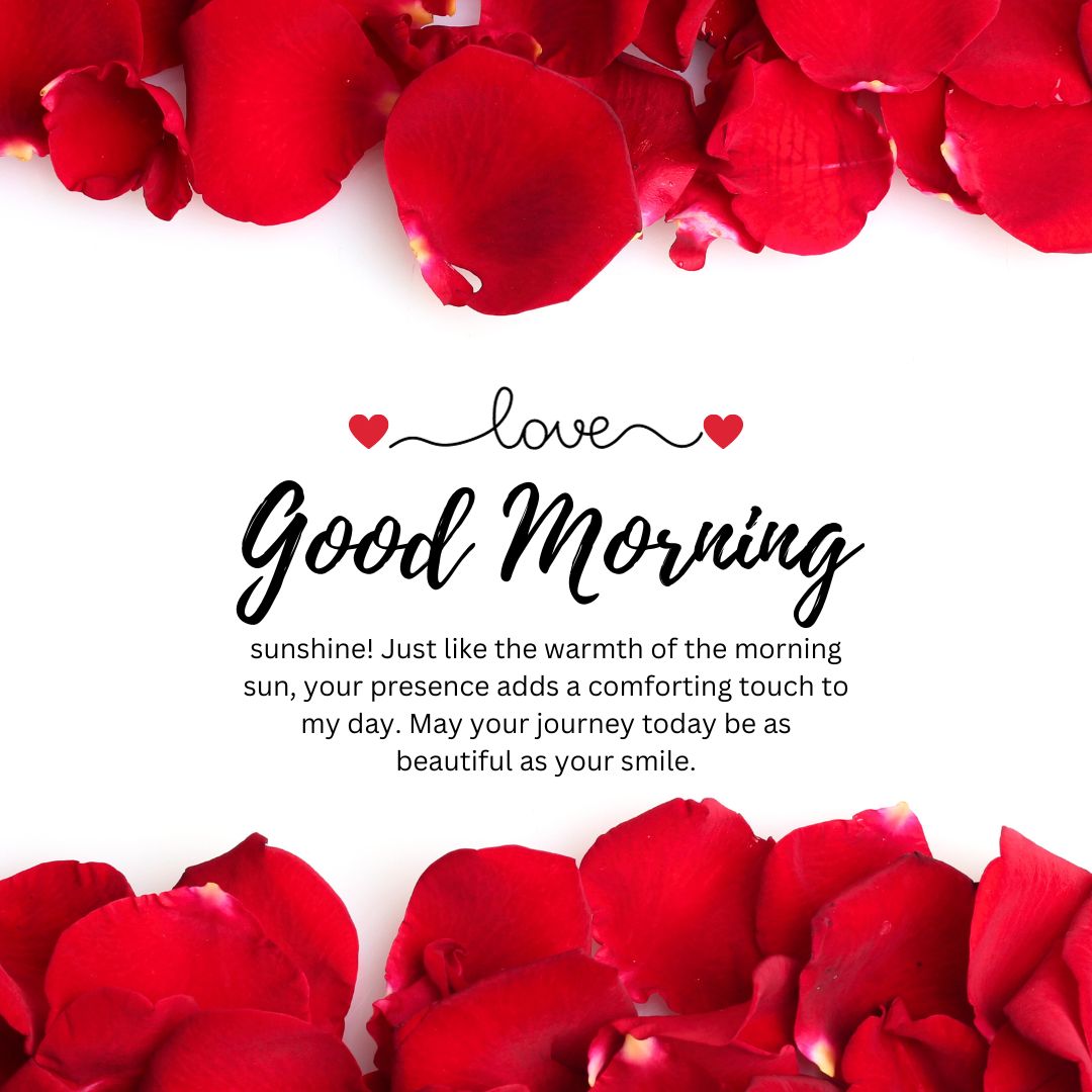 Good Morning Messages for Her" surrounded by scattered red rose petals on a white background, with a romantic greeting text in elegant script.