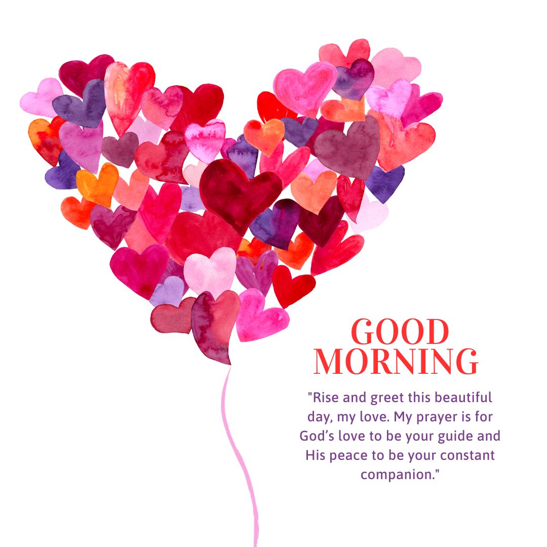 A vibrant bouquet of watercolor hearts in shades of pink, purple, and red, shaped like a balloon with a "Good Morning Messages For Him" greeting and an inspirational quote about love and peace.