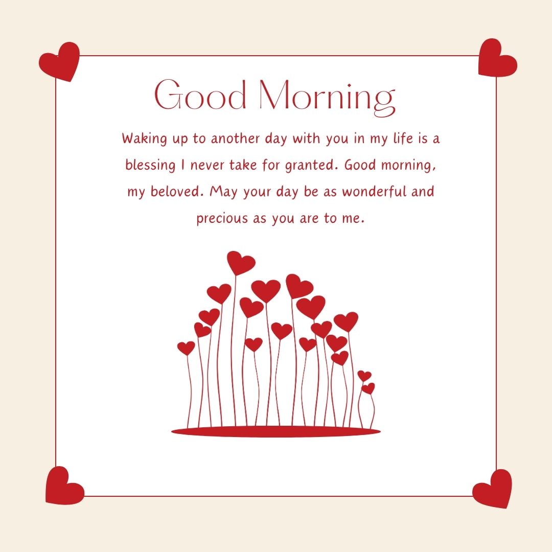 A greeting card with "Good Morning Messages For Him" at the top, featuring a red silhouette of flowers with heart-shaped petals, and a heartfelt message about appreciating a loved one, framed by a