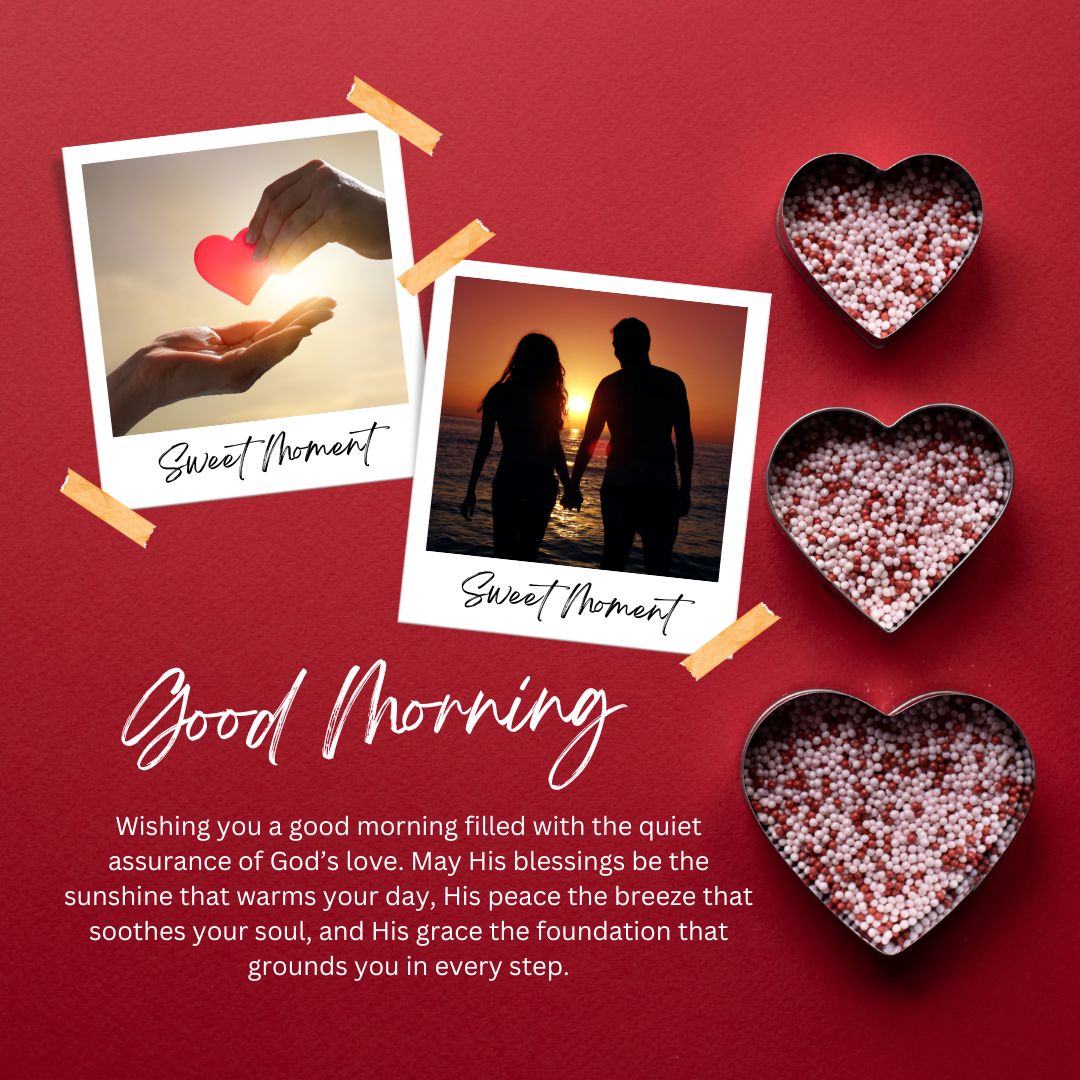 A collage of love-themed images including silhouettes of a couple at sunset, hands forming a heart shape, and heart-shaped candies, with a "good morning" greeting for her and an inspirational message