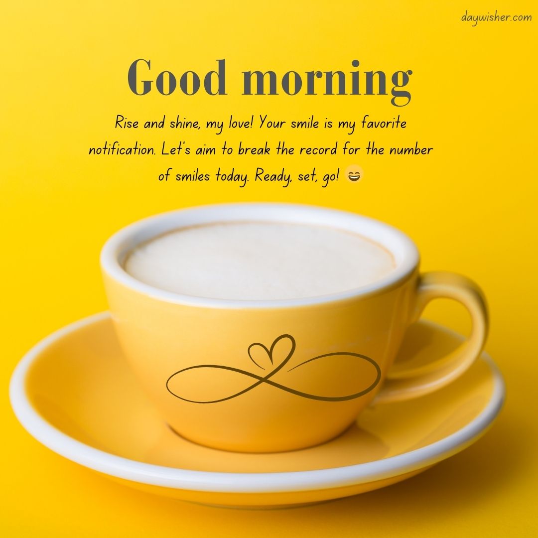 A white cup of coffee on a saucer against a bright yellow background with the text "Good Morning Paragraphs For Her" and an inspirational message about smiling today.