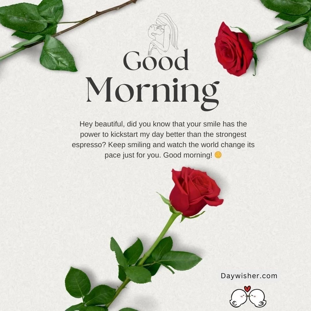 Image of Good Morning Paragraphs For Her with red roses on a white background, featuring a message about the power of a smile to change the morning, alongside a stylized drawing of a woman's profile