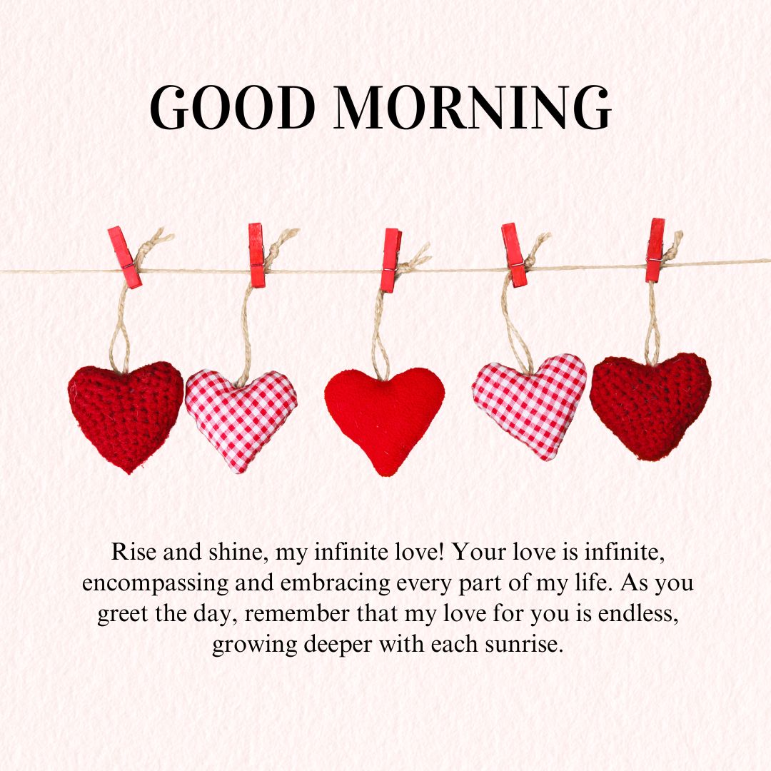 Four red fabric hearts hanging from a clothesline with clips on a textured paper background, accompanied by a "good morning paragraphs for him" greeting and a loving message.