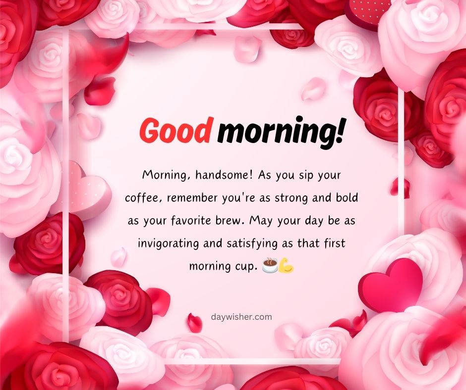 A romantic greeting card image with the text "Good Morning Paragraphs for Him! Morning, handsome! As you sip your coffee, remember you're as strong and bold as your favorite brew. May your