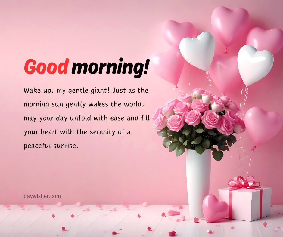 Image showing a cheerful greeting card that says "Good Morning Paragraphs for Him!" featuring a vase of pink roses and white heart-shaped balloons, with a wrapped gift box and confetti.