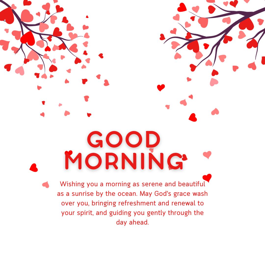 A greeting card featuring a "Good Morning Message for Her" surrounded by decorative red and pink leaves and hearts, evoking a refreshing and serene feel.