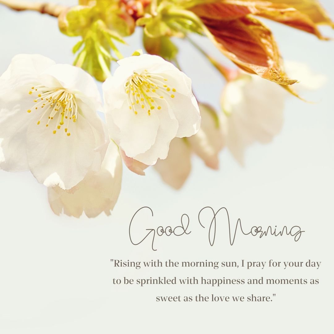 Close-up of white cherry blossoms with a "Good Morning" greeting and an inspirational message about happiness and love.