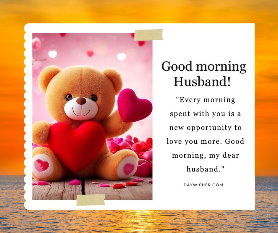 A plush teddy bear with a heart on its chest, surrounded by small hearts, against a backdrop of a golden sunrise over water. A message says "Good Morning Husband!" with a loving quote.