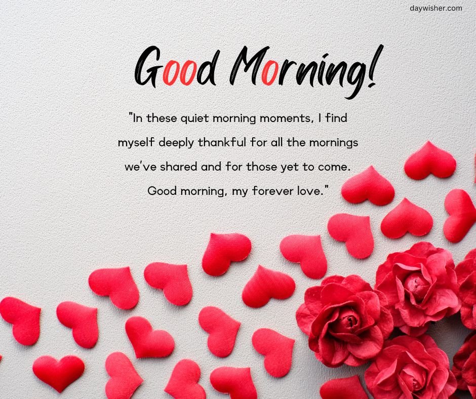 A textured beige background with the words "Good Morning Messages For Wife" at the top, surrounded by scattered red rose petals. A romantic quote about appreciation for shared mornings appears beneath.