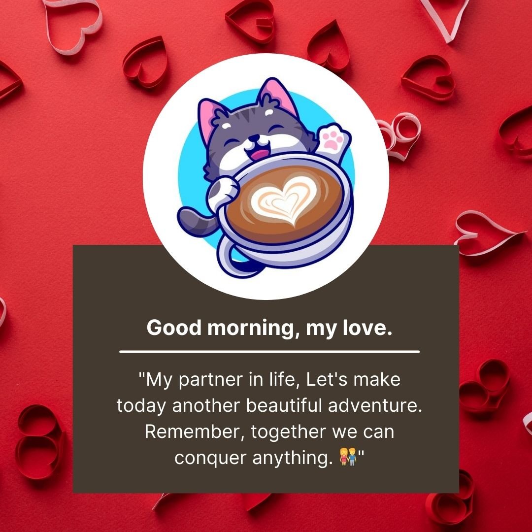 A cute illustrated card featuring a smiling cat hugging a latte with a heart design on red background decorated with hearts. The text says: "Good morning, my love. My husband in life,