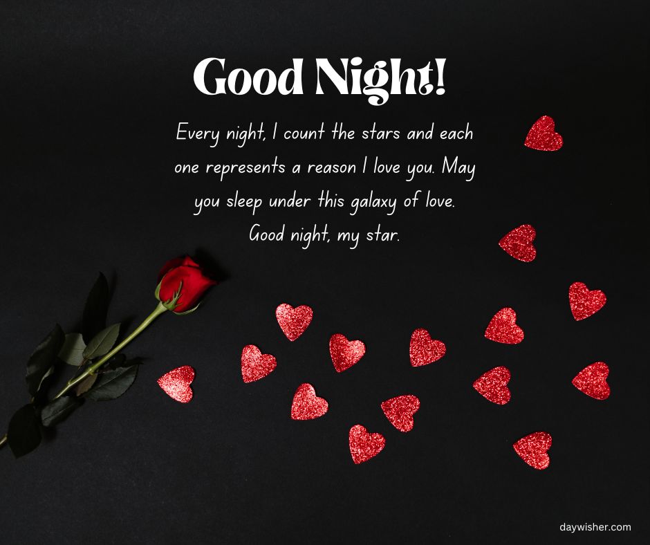 A black background with the text "Good Night Messages For Boyfriend" at the top. Below the text, there's a poetic message and a single red rose lying diagonally, accompanied by small red