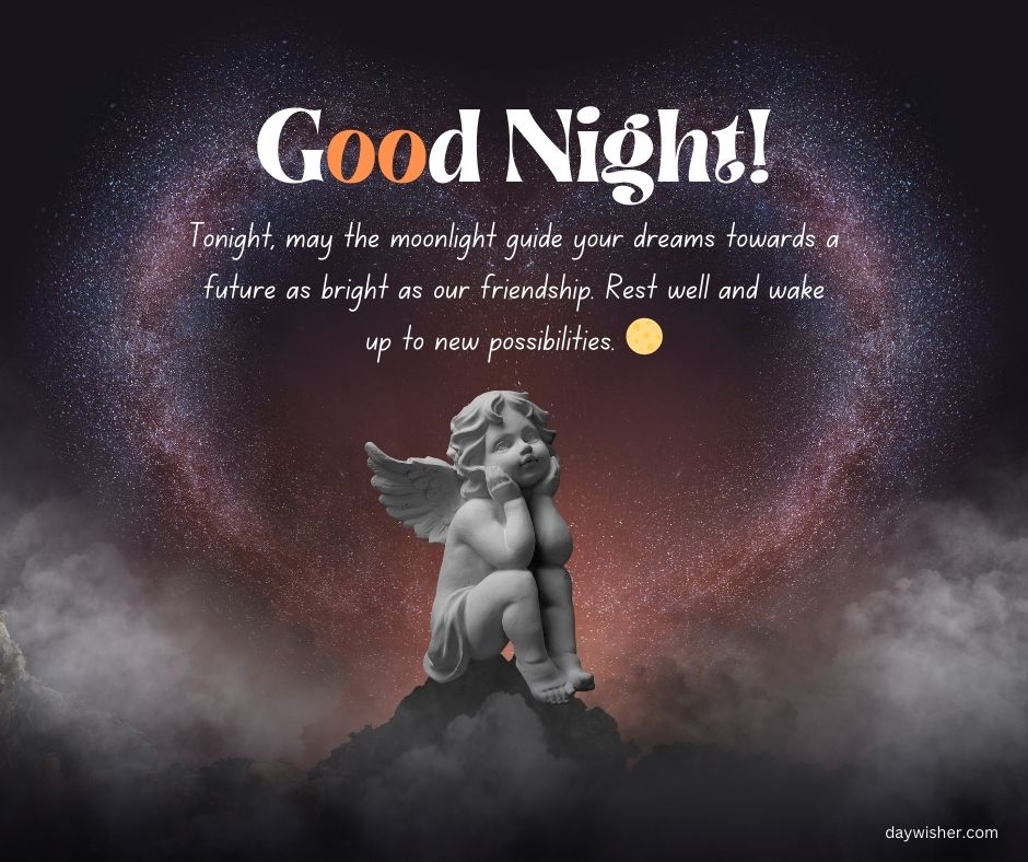 A "Good Night Messages for Friends" graphic featuring a cherub statue under a starry sky with the moon shining bright. The text wishes for dreams guided by moonlight towards a bright future.