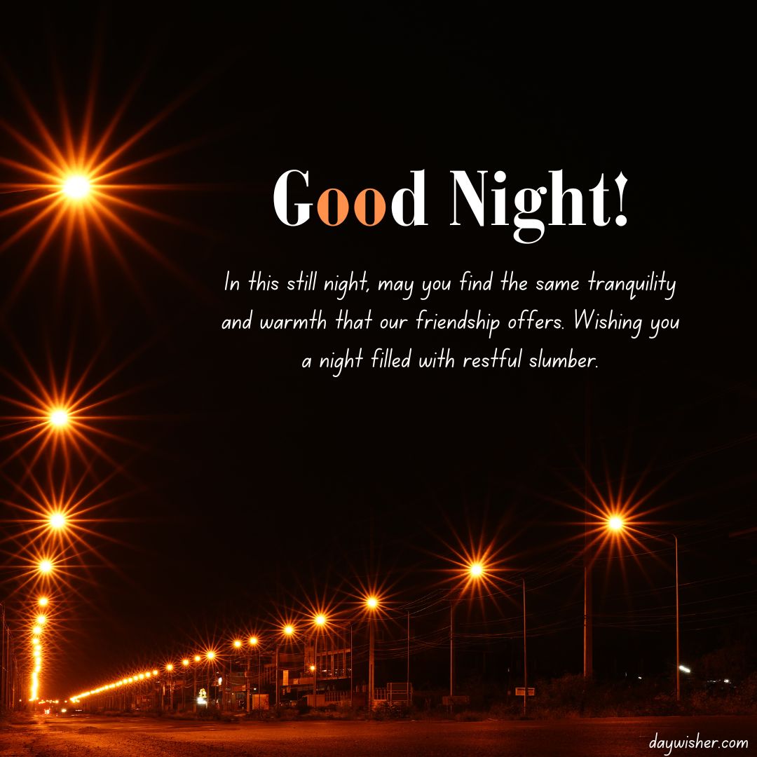 An image of a night scene with numerous street lights glowing under a dark sky. The text overlay says "Good Night! In this tranquil night, may you find the same warmth and serenity that our