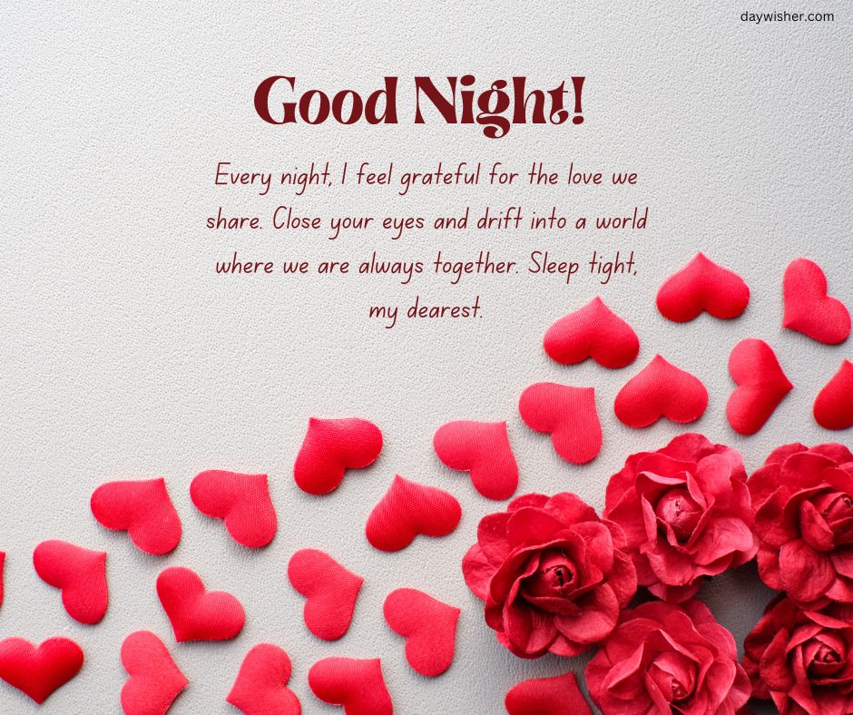 Text reading "Good Night Messages For Boyfriend" above a heartfelt message, surrounded by scattered red rose petals and roses on a textured light background.