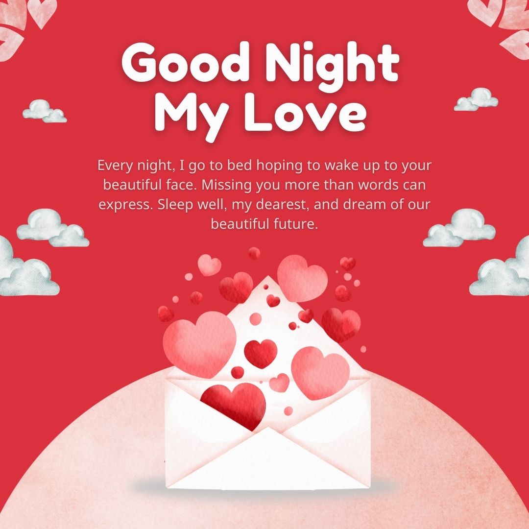 An image with the text "Good Night Messages For Girlfriend" featuring a stylized envelope surrounded by hearts, on a pink and red background with clouds and a moon. The envelope is spilling smaller hearts