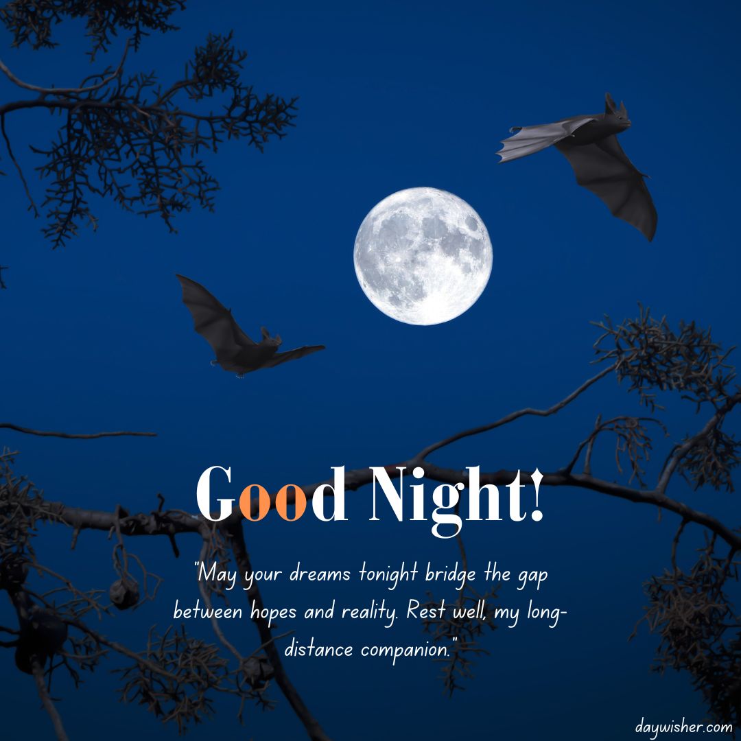 A serene night scene featuring a full moon with silhouettes of flying bats and tree branches, accompanied by the text "Good Night Messages for Friends!" and an inspirational quote about dreams and rest.