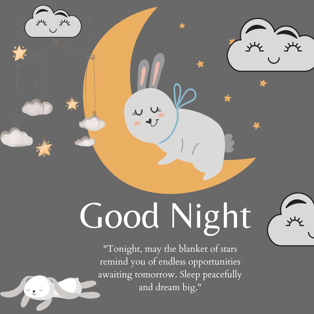 Illustration of a sleeping bunny on a crescent moon with hanging stars, surrounded by smiling clouds, with a "good night" message for friends wishing peaceful sleep and big dreams.