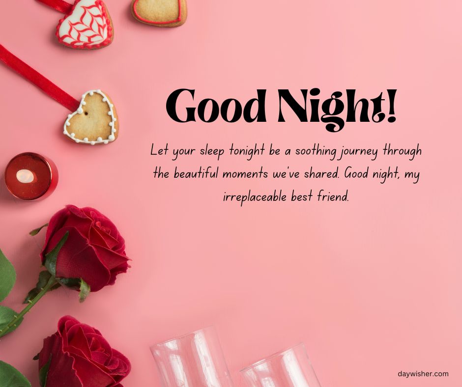 A "good night!" card on a pink background, featuring heartfelt Good Night Messages for Friends, a red rose, heart-shaped cookies, and glasses of champagne.