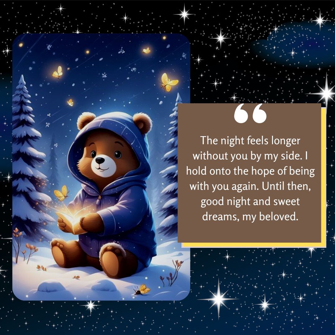 Illustration of a cute bear in a blue snowsuit sitting under a starry night sky with snow-covered trees, holding a glowing jar, with a romantic "Good Night" message for your boyfriend about