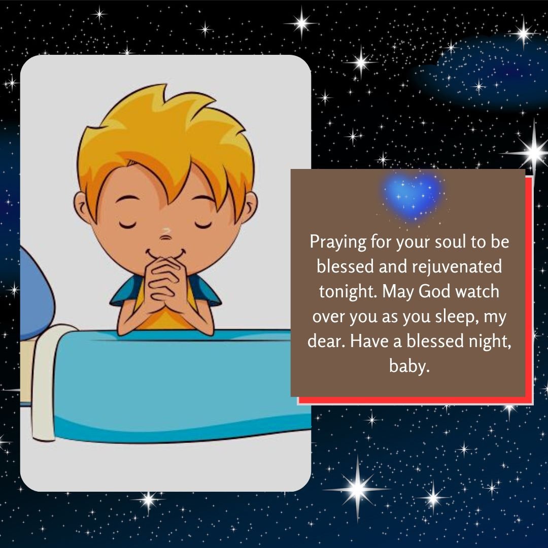 Illustration of a young boy with blonde hair offering a good night prayer beside his bed under a starry sky, with text wishing blessings and restful sleep.