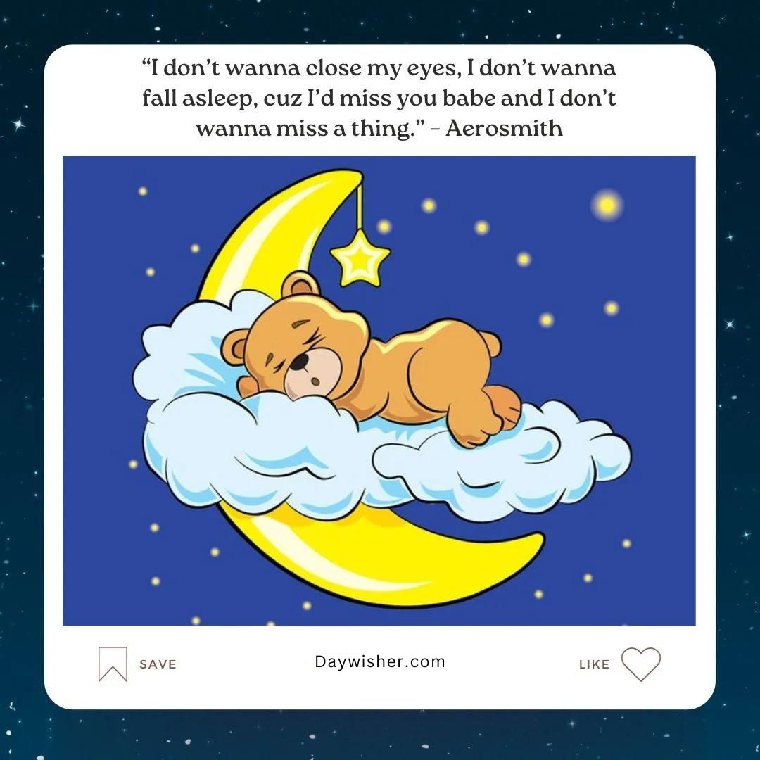 Illustration of a cute brown bear sleeping peacefully on a crescent moon, surrounded by stars and a "Good Night" message for a boyfriend from Aerosmith about missing someone when asleep.