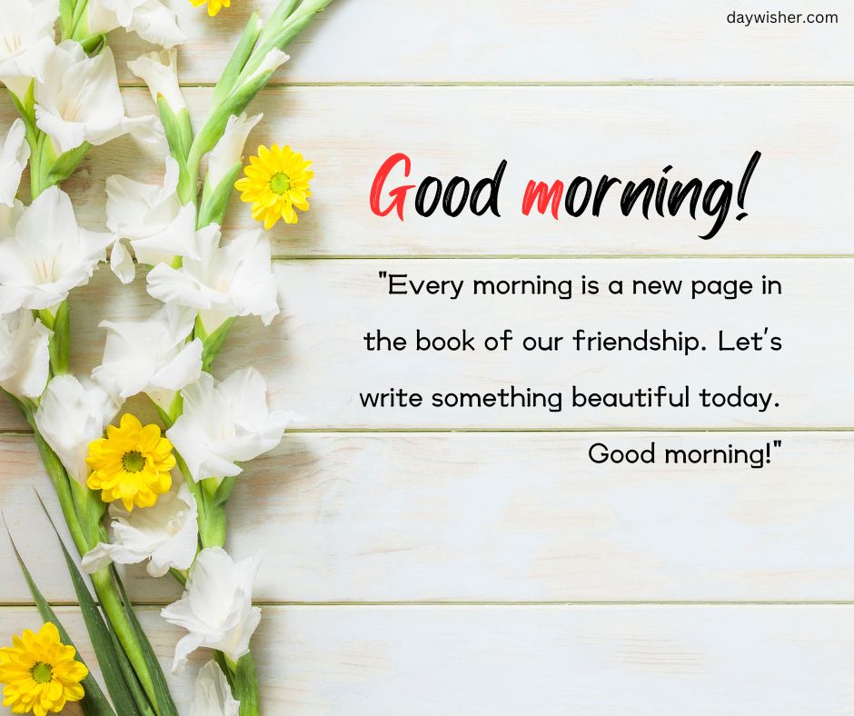 Text reading "Good Morning Messages For Friends" and an inspirational quote on a bright background with daffodils and a white wooden surface.