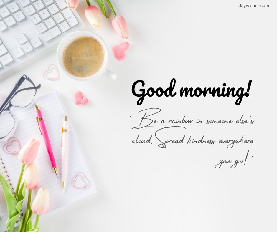 A well-organized desk displaying the inspirational good morning message, "Be a rainbow in someone else’s cloud, spread kindness everywhere you go!" surrounded by coffee, tulips, glasses, and a notebook