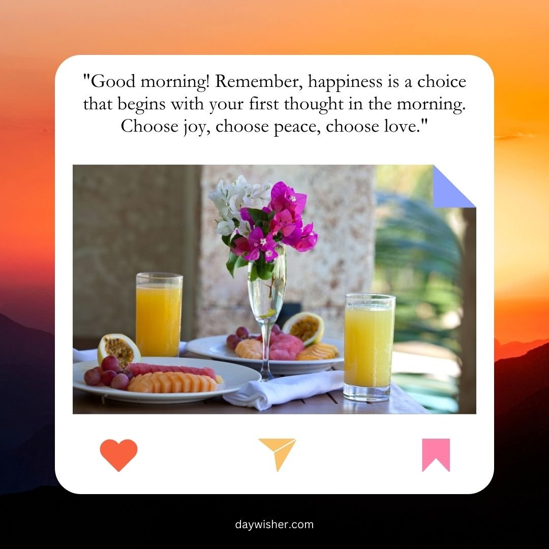An elegant breakfast setup on a table featuring pastries, fruits, a glass of sparkling beverage, and two glasses of orange juice, accompanied by inspirational good morning messages.
